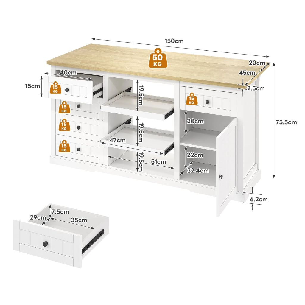 Credenza Cucina con Cassetti e Ripiani ¨C MINIMAL ¨C Bianco 150x65x75