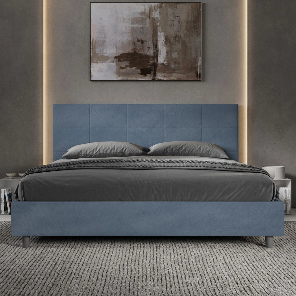 Letto Matrimoniale King Size 200x210 cm con Rete Imbottito in Microfibra Mika Blu