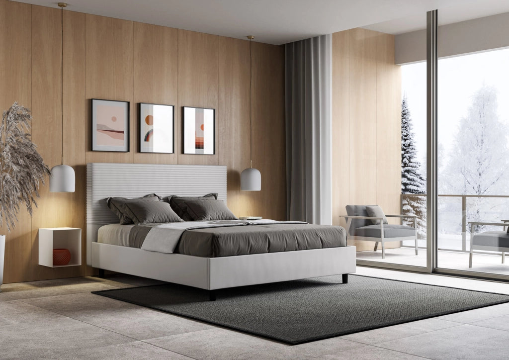 BS COM Letto queen size con rete imbottito 150x190 similpelle bianco