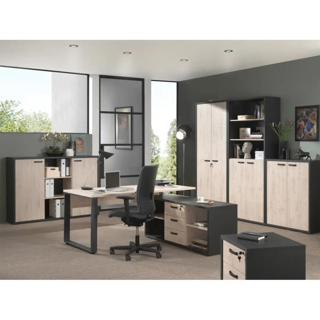 Mobile basso per ufficio con 4 scomparti e 3 cassetti, color rovere chiaro e nero