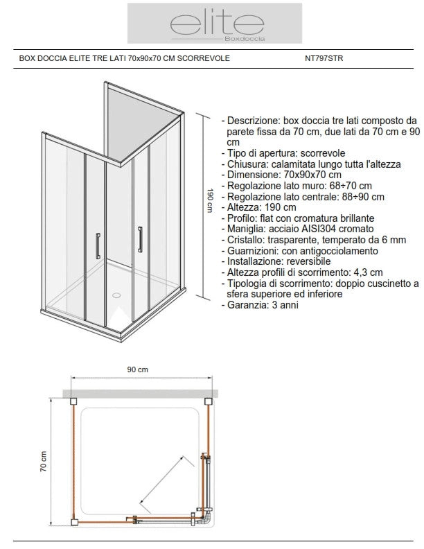 Box Doccia Elite Tre Lati 70x90x70 Cm Scorrevole Opaco