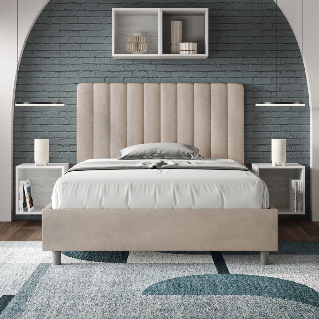 BS COM Letto una piazza e mezza con rete imbottito 120x190 microfibra sabbia
