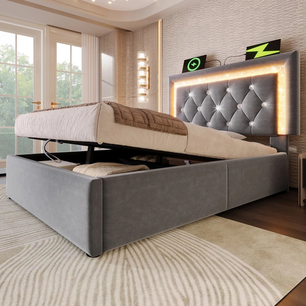 Letto Imbottito Singolo con Contenitore Idraulico e LED ¨C MINIMAL ¨C Velluto Grigio 90x200