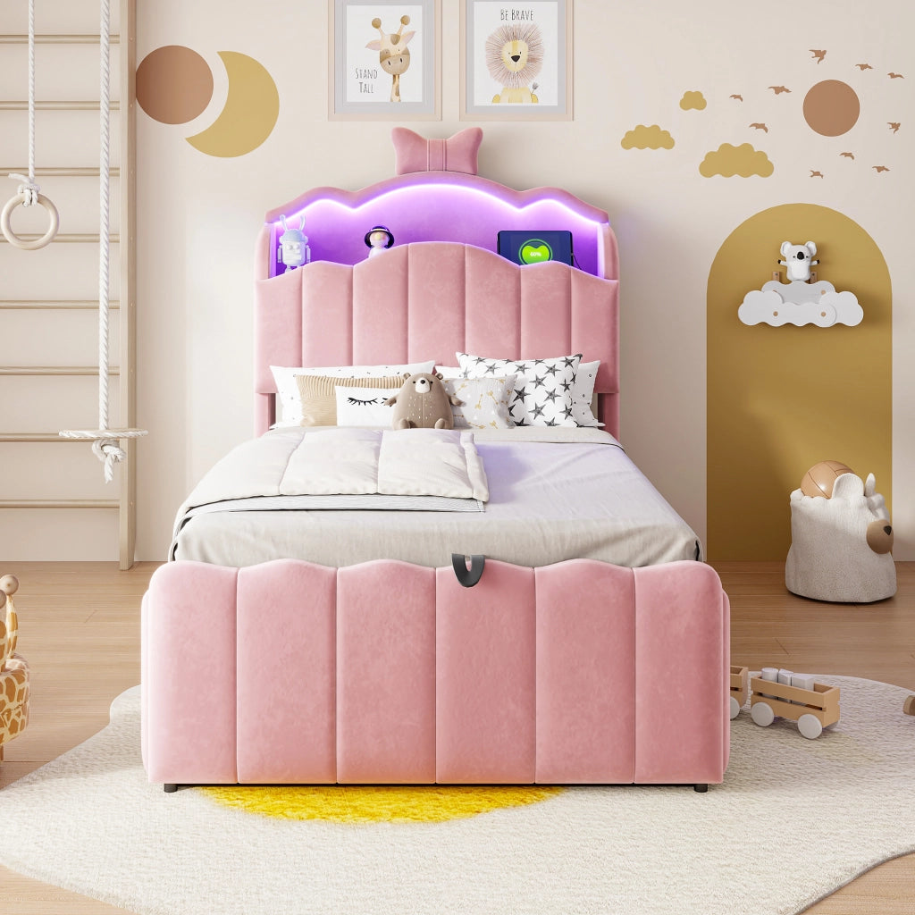 LETTO Contenitore 90x200 cm in velluto rosa con USB e LED
