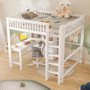 OKWISH Letto a soppalco 140×200 cm, Letto matrimoniale con Scrivania, 3 Cassetti, Mensole e Scala, senza Materasso, in Pino, Bianco