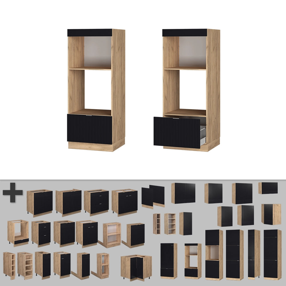 Mobile cucina microonde Fame-Line Nero rigato/Rovere dorato 60 cm aperto Vicco