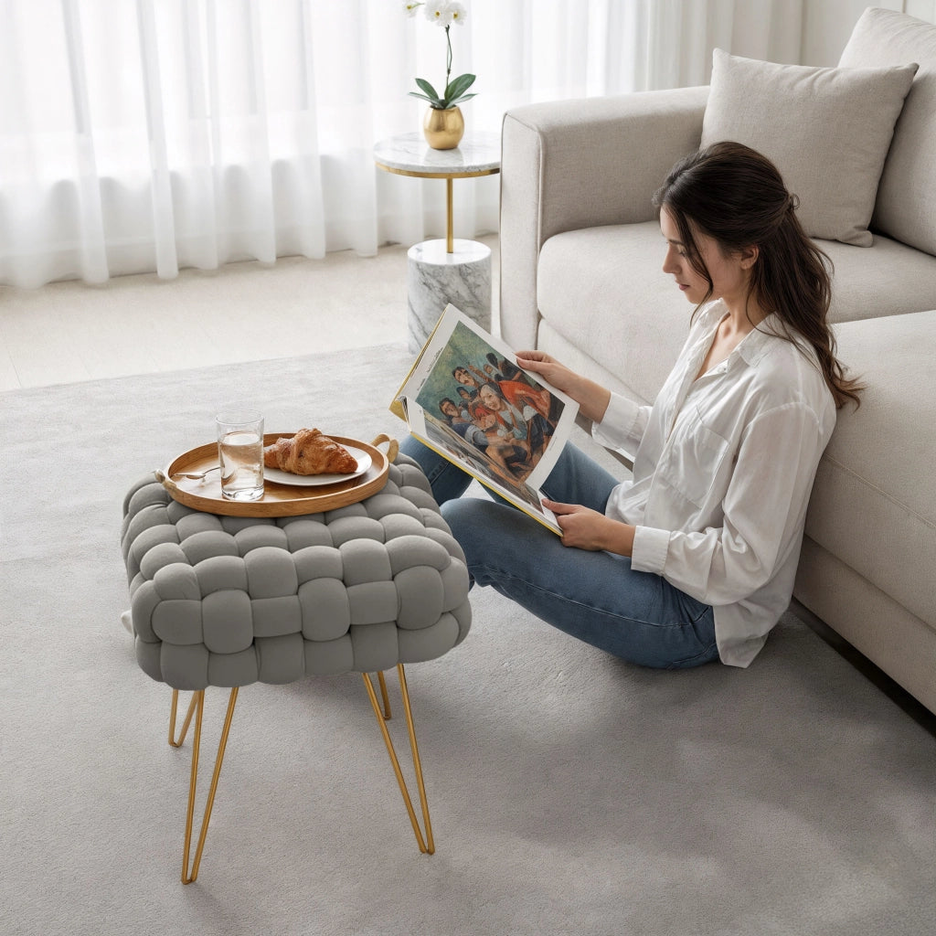 Pouf sgabello in velluto intrecciato 38 cm DOTTY Grigio Chiaro
