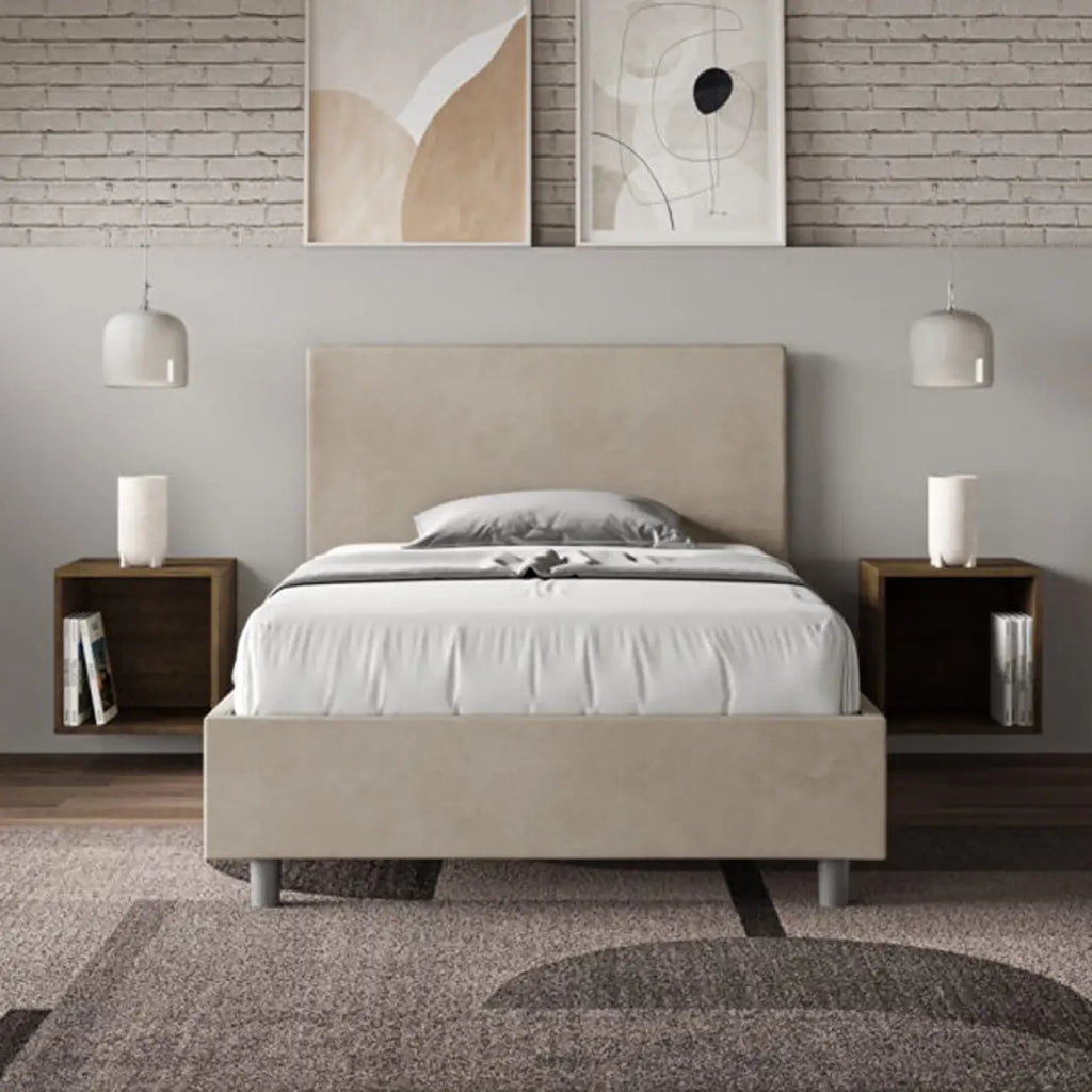 Letto una piazza e mezza contenitore imbottito 120x200 microfibra sabbia Adele