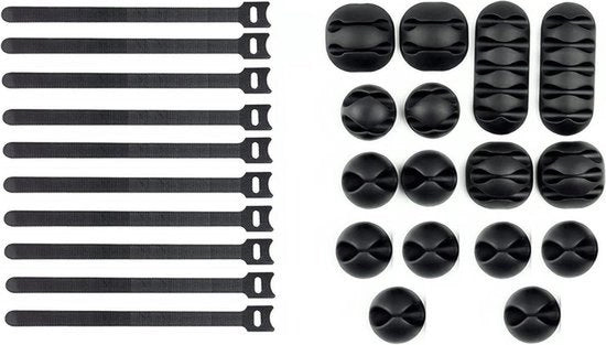 Organizzatore di Cavi - Cinture per Cavi - Cassetto per Cavi - Desktop - Gestione dei Cavi - Supporto per Cavi - Ufficio Casa - Nero - Adatto per tutti i cavi - Set da 16 pezzi con 10 cinture per cavi.