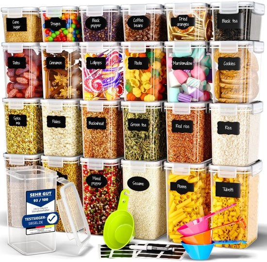 Set di contenitori a chiusura ermetica per la cucina, 24 pezzi - Per pasta, cereali per colazione, farina - Contenitore per la cucina con coperchio - Organizzazione e conservazione della cucina - Contenitori per la cucina con coperchio