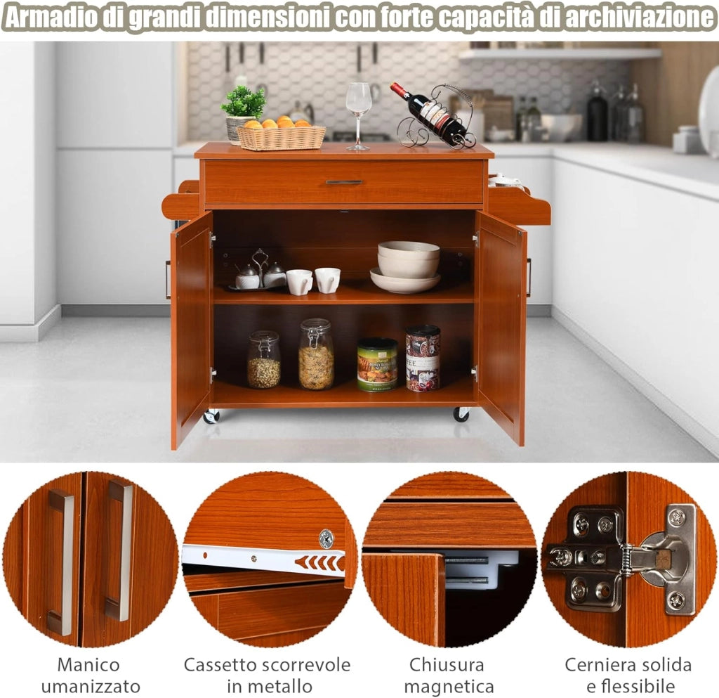 Carrello da Cucina con Ruote di Gomma, Scaffale per Microonde Carrello Servizio, Mobile Cucina con Ripiani e Ante, Credenza Cucina Legno Moderno Elegante, 116 x 37 x 85 cm (Marrone)