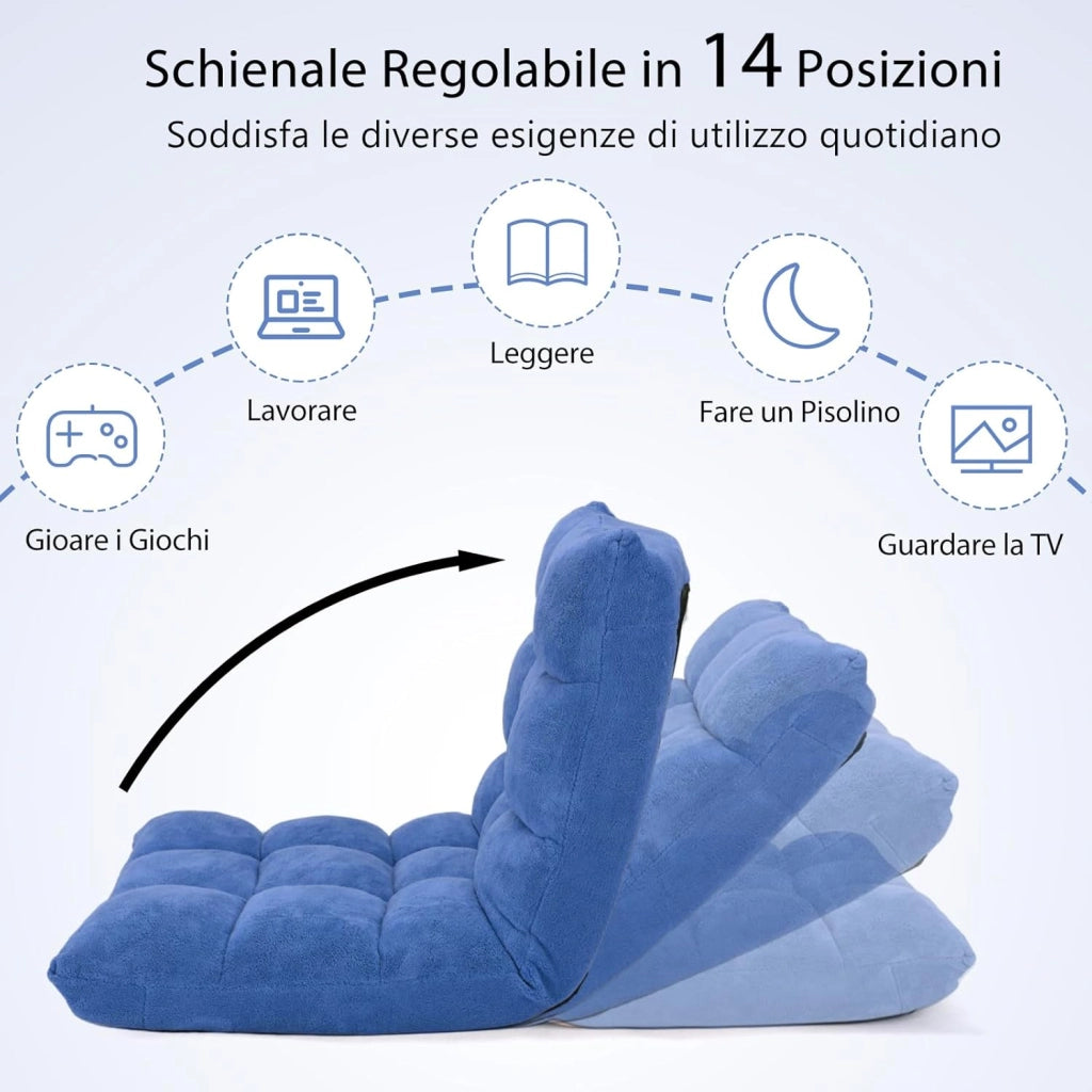 Sedia da Pavimento, Poltrona Imbottita Regolabile in 14 Posizioni 90°-180°, Cuscino da Terra Pighevole Imbottito, Sedia Reclinabile per Relax, Yoga, Lettura (Blu)