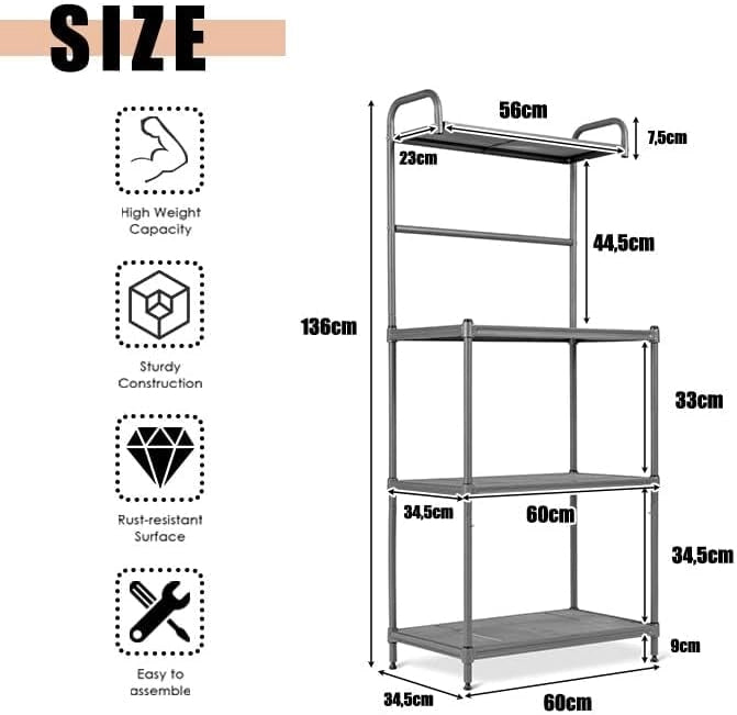 Scaffale da Cucina per Forno a Microonde, Scaffalatura Metallo Salvaspazio a 4 Ripiani, per Soggiorno, Ufficio, Camera da Letto, Portata 100kg, 60 x 34 x 136 cm