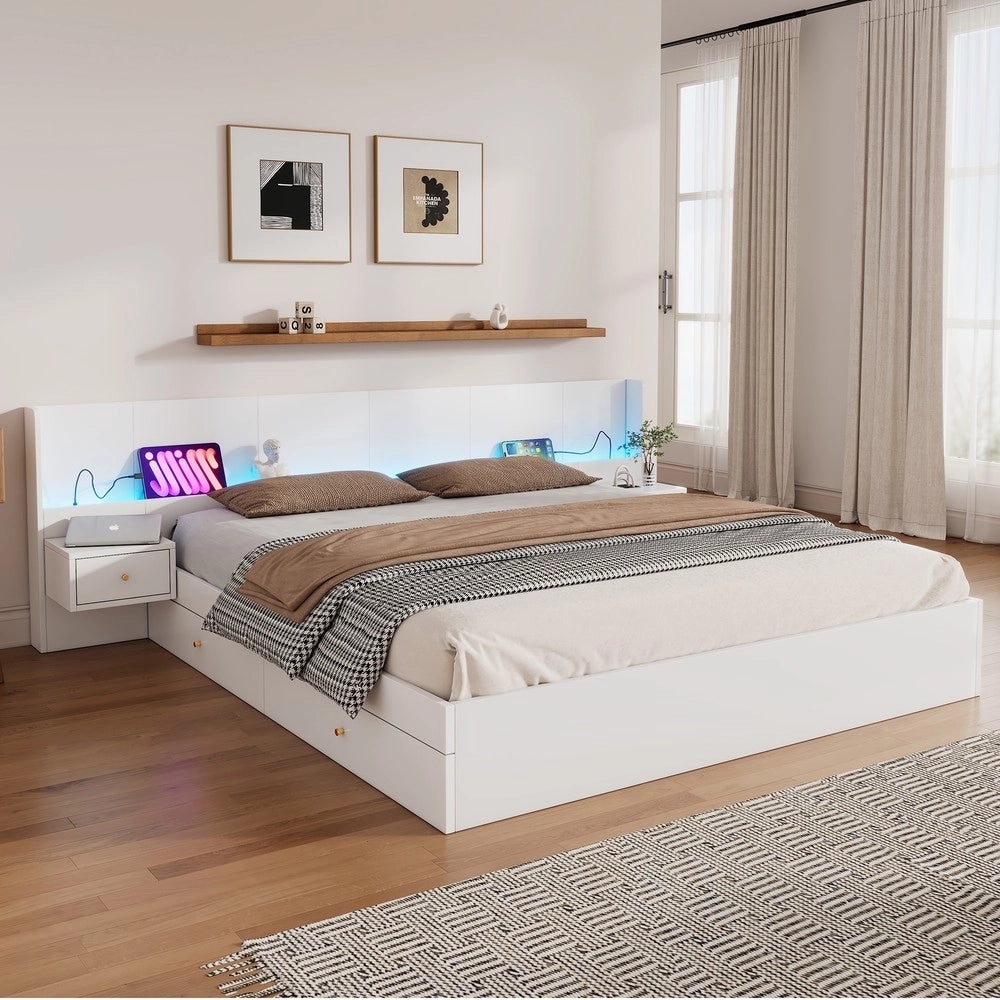Letto Matrimoniale con LED, USB e 2 Comodini ¨C Xylo ¨C Bianco 180x200