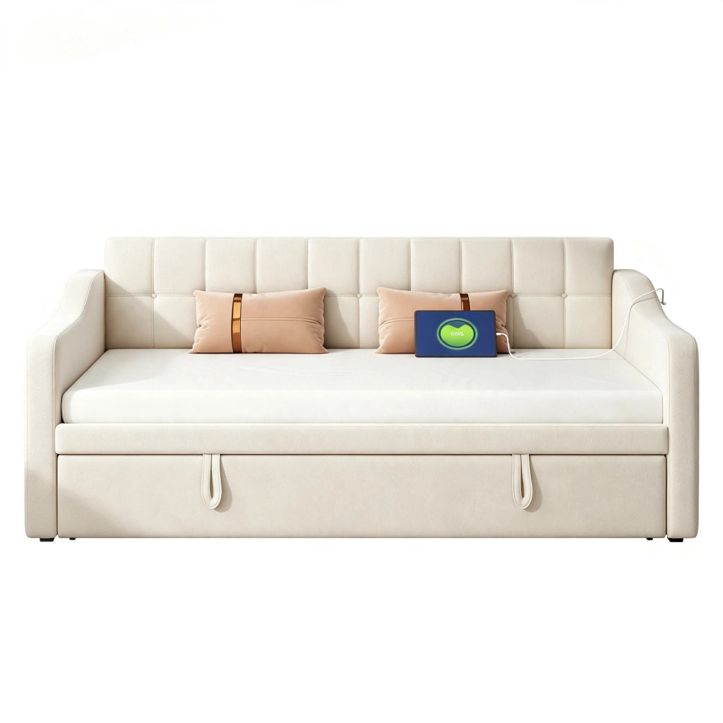 letto divano imbottito velluto beige 90 x 190 cm
