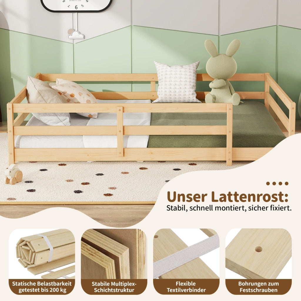 Letto Montessori da pavimento 140x200 cm in pino naturale