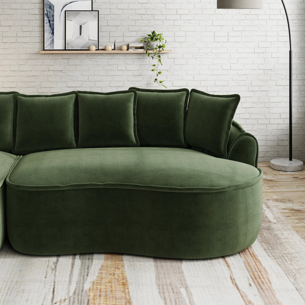 Divano modulare senza struttura in ciniglia verde con chaise longue; 2 moduli e cuscini