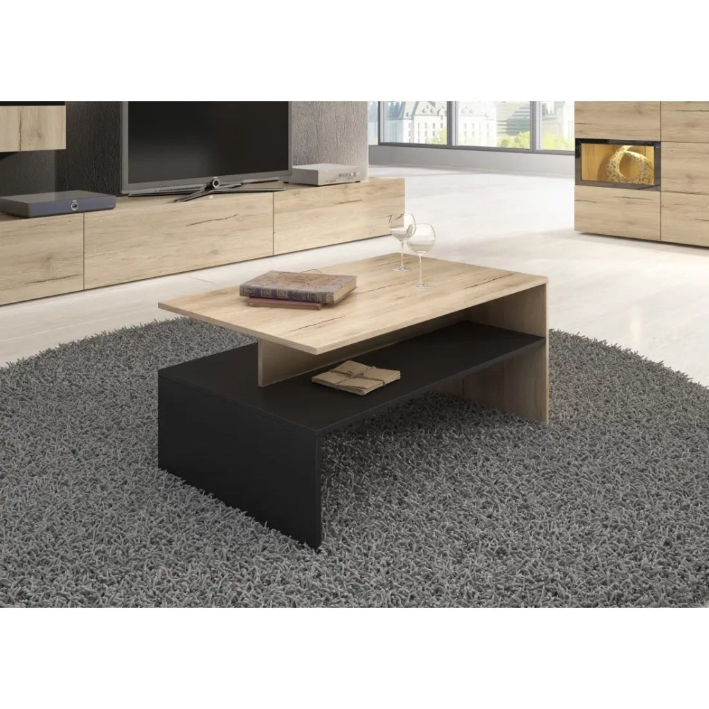 Tavolino basso RAMOS – Rovere e nero – Design contemporaneo – Ripiano pratico per riporre