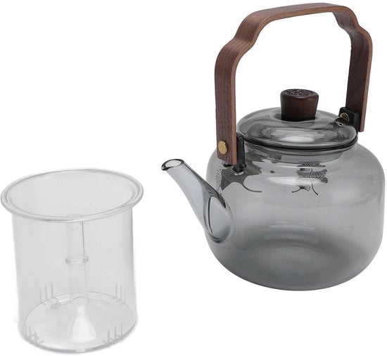 Tazza per Tè 900ml con Vaso in Borosilicato - Infusore Rimovibile - Maniglia in Legno - Resistente alle Scosse - Resistente al Calore - Cappuccio Sfereggente - Accessorio per Tazza per Tè
