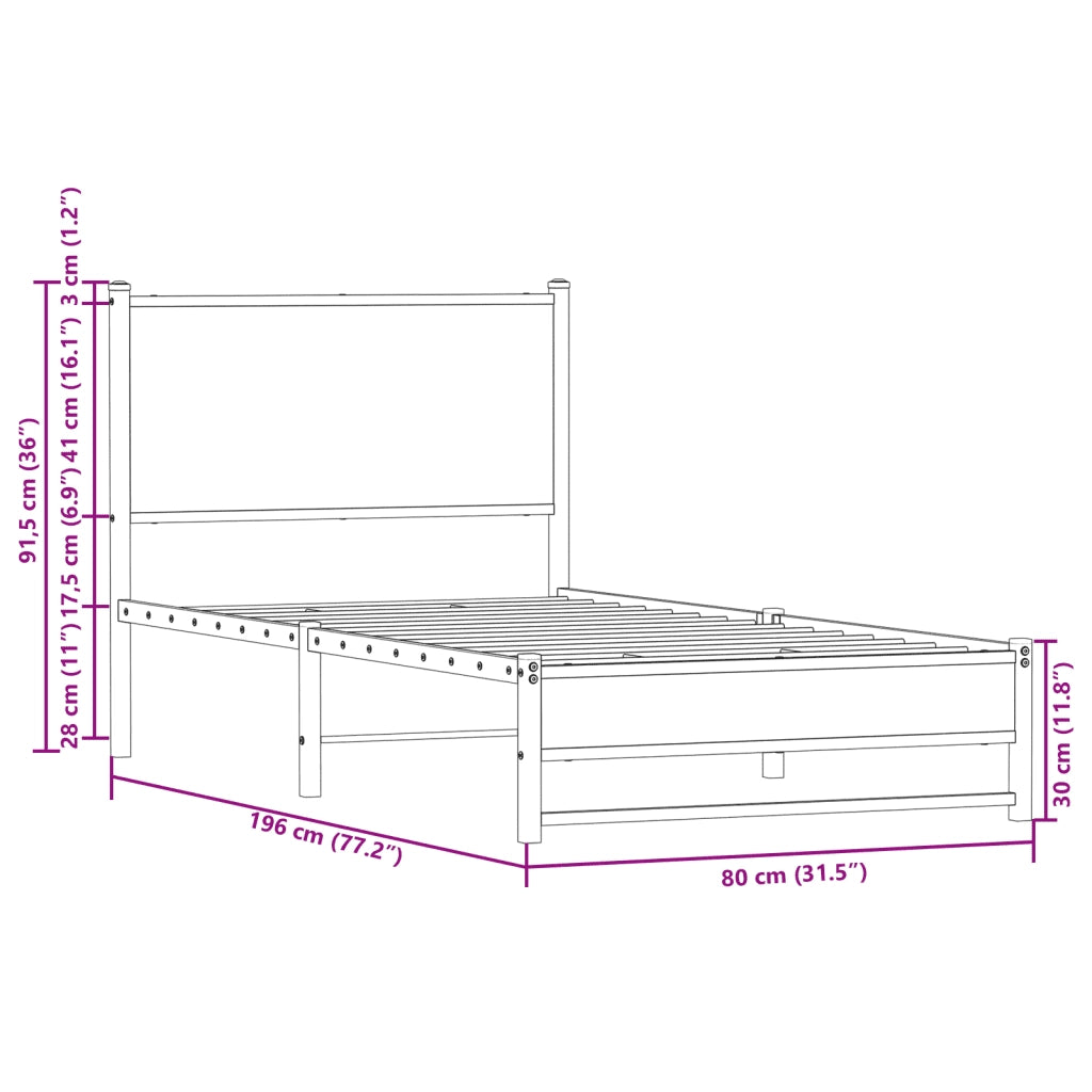 Letto singolo | Letto per adulti | Giroletto senza Materaso in Metallo Rovere Sonoma 75x190 cm