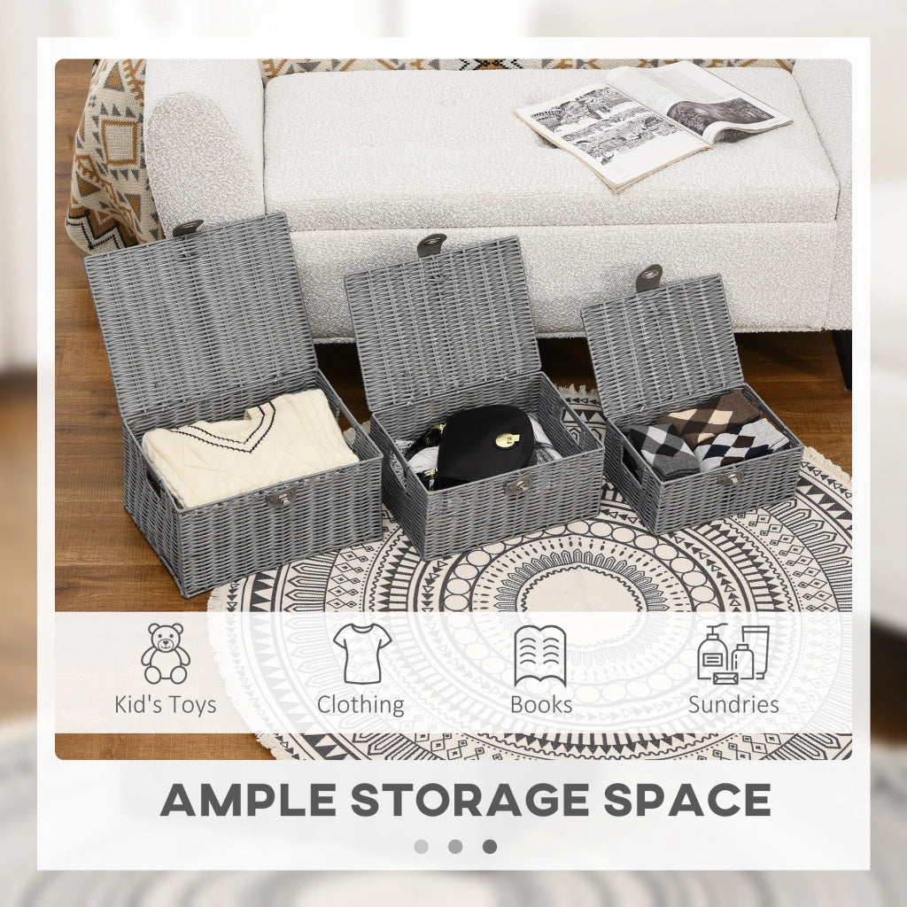 EasyComfort Set di 3 Cesti in Vimini PP con Coperchio di Diverse Dimensioni, Grigio