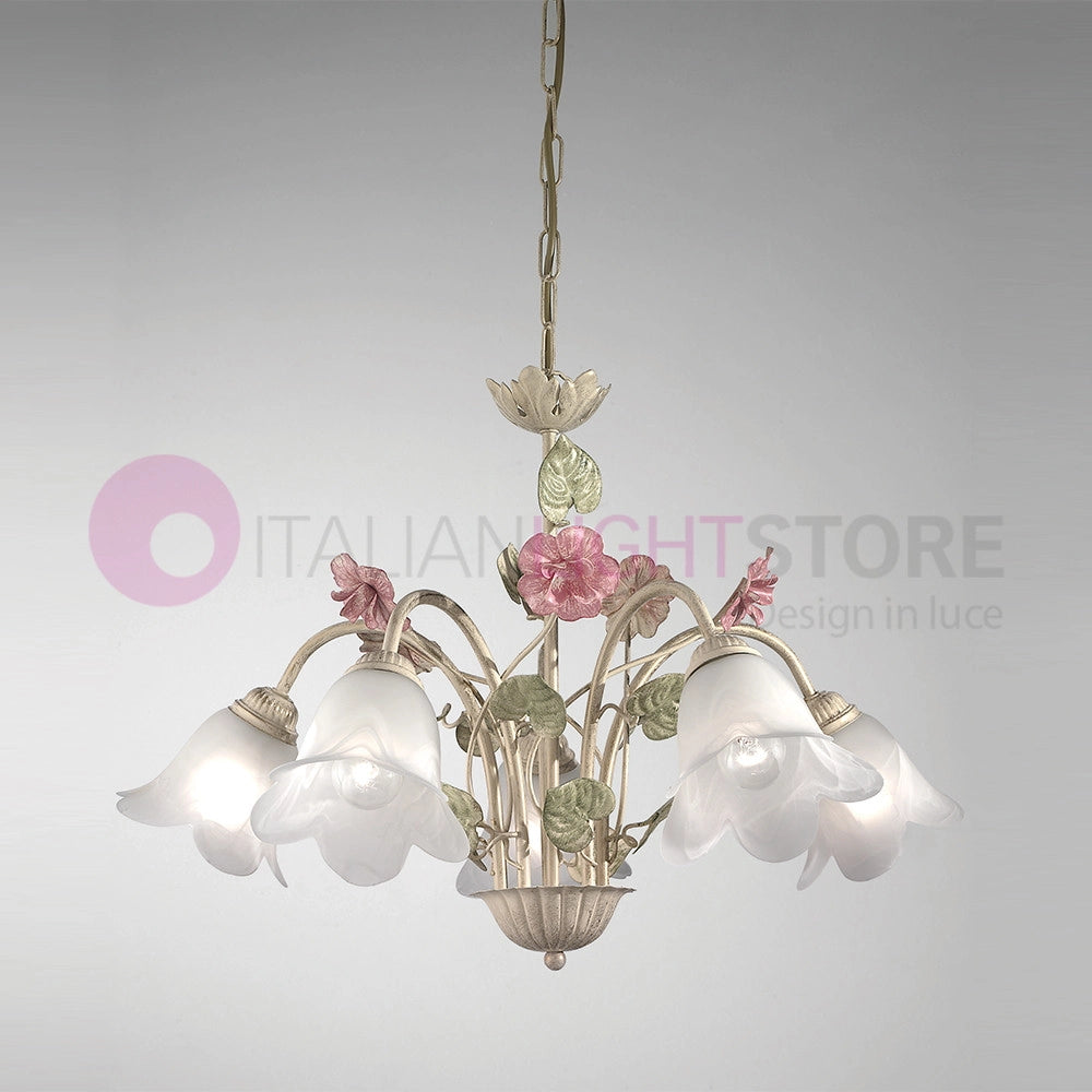 SPRING Lampadario in Ferro Decorato a 5 Luci Stile Floreale