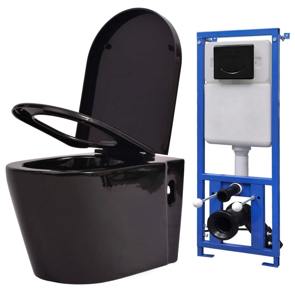 Wc sospeso con cassetta nascosta bagno guardaroba casa risparmio idrico piedini regolabili in altezza ceramica nera 02_0003581