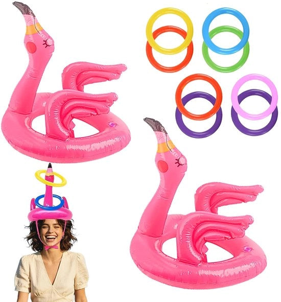 Set di Flamingo per Bambini Opblaasbaar - Giochi per il Bagno - Giochi per il Giardino - Giochi da Esterno - Set con 2 Cappelli/4 Anelli