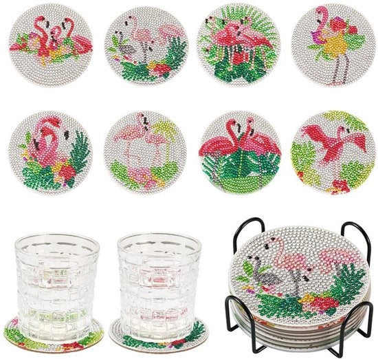 Piatto di Sostegno Flamingo Disegno - 8 Pezzi - 5D DIY Diamante Arte - Piatti di Sostegno - Decorazione Ufficio/Casa - Incluso Laccio e Attrezzatura - Piatti di Sostegno