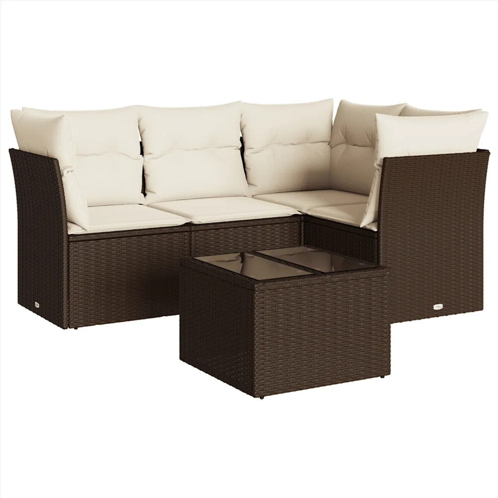 Set Divano da Giardino 5 pz | Set Salotto da Giardino con Cuscini Marrone in Polyrattan