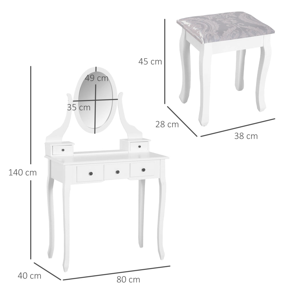 Cassettiera con Specchio e Sgabello ¨C Xylo ¨C 5 Cassetti Bianco MDF