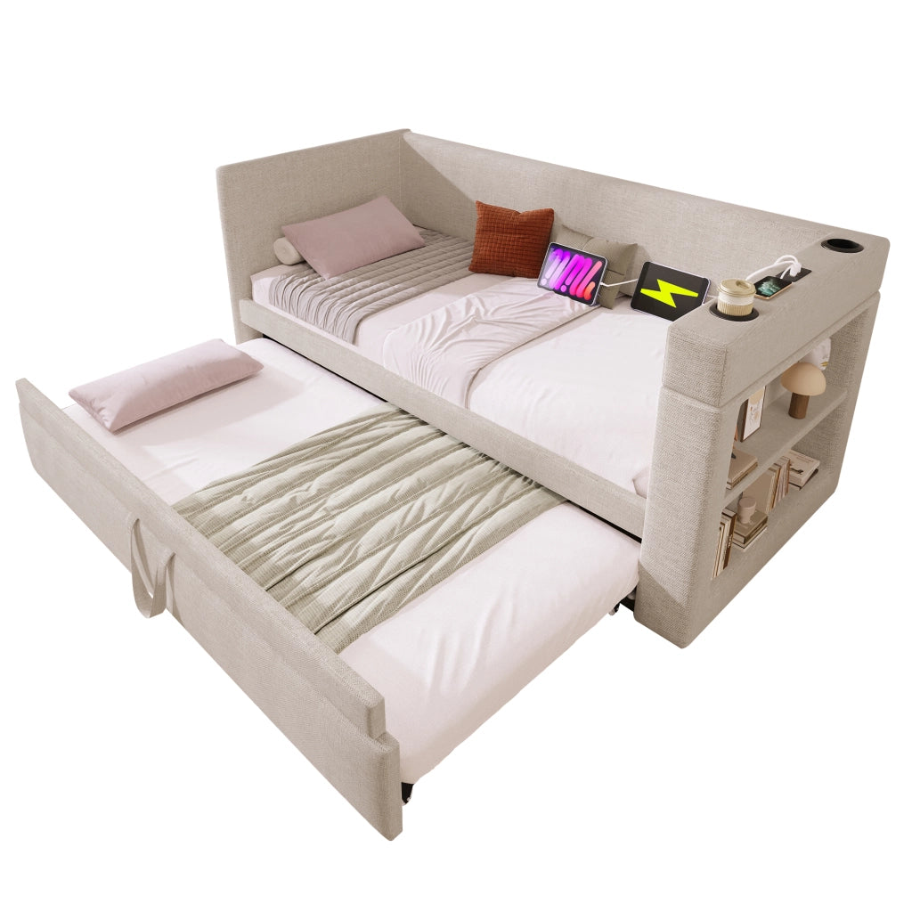 Daybed singolo – 90x190 cm – estraibile USBC portabicchieri – lino beige