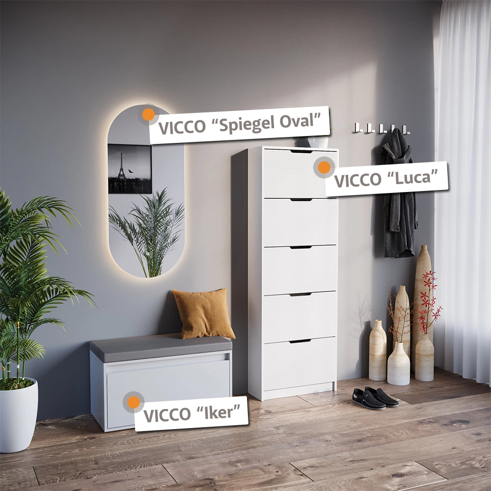 Vicco Scarpiera Bianco 3 parti, con specchio e panca a LED