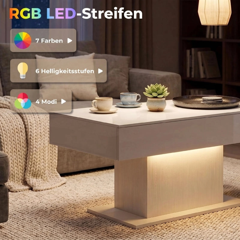 TAVOLO DA CAFFÈ LED con 2 cassetti, bianco lucido