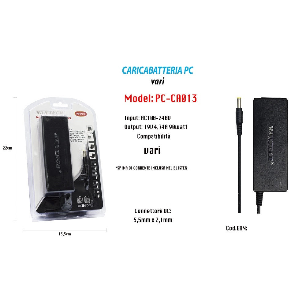 Trade Shop - Caricabatteria Alimentatore Pc Notebook 19v 90w Batteria Ricambio Maxtech Pc-ca013 -