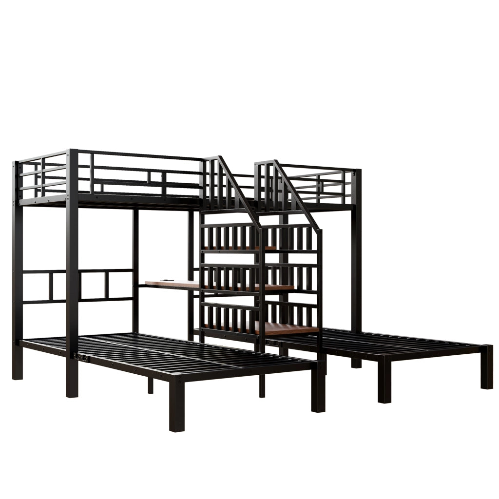 Letto a castello 90x200 cm - Zephmum- 3 posti, LED, scrivania, scaffale, USB, nero