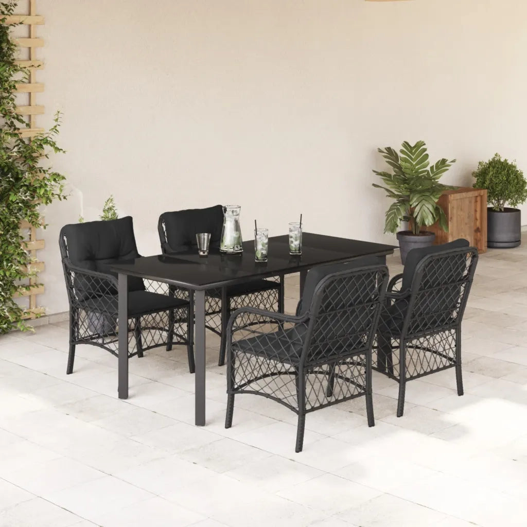 Set da Pranzo da Giardino 5 pz Nero con Cuscini in Polyrattan