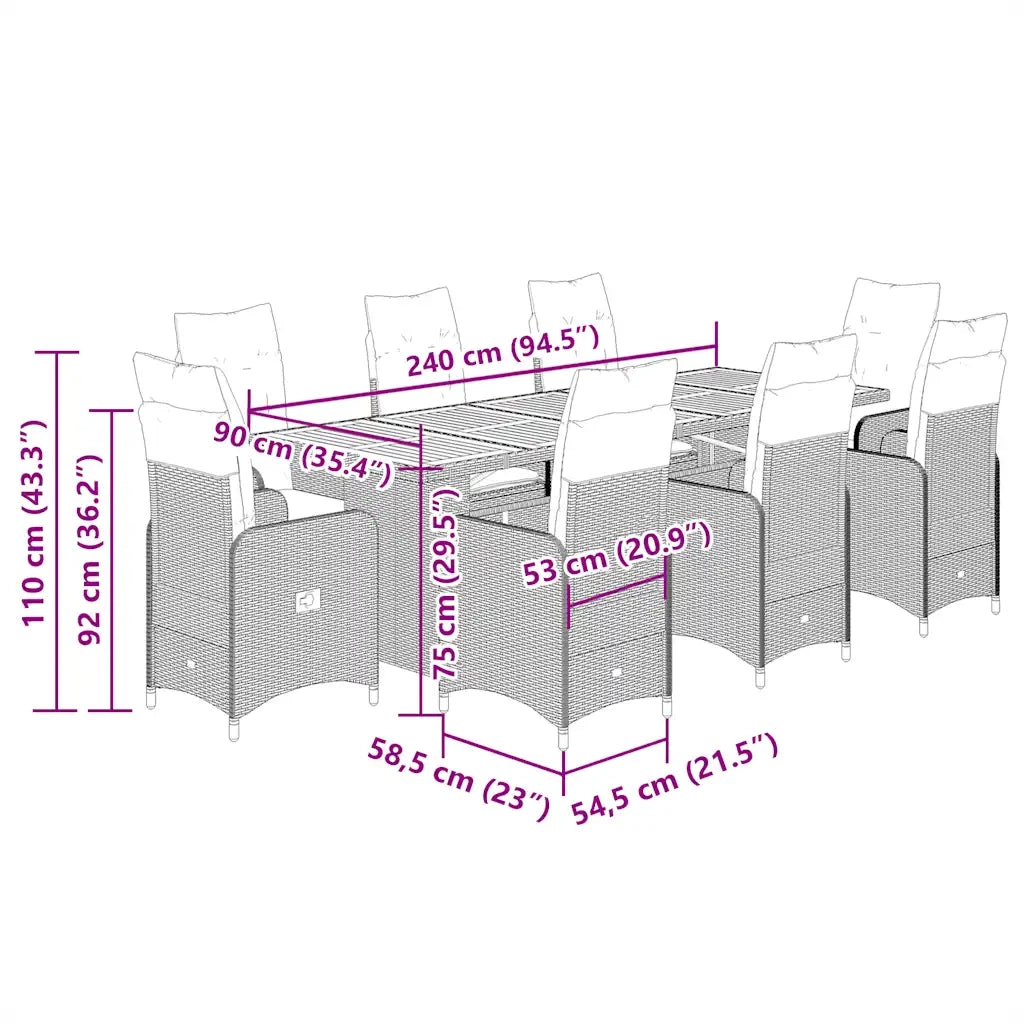 Set Bistrò da Giardino 9 pz con Cuscini in Polyrattan Nero