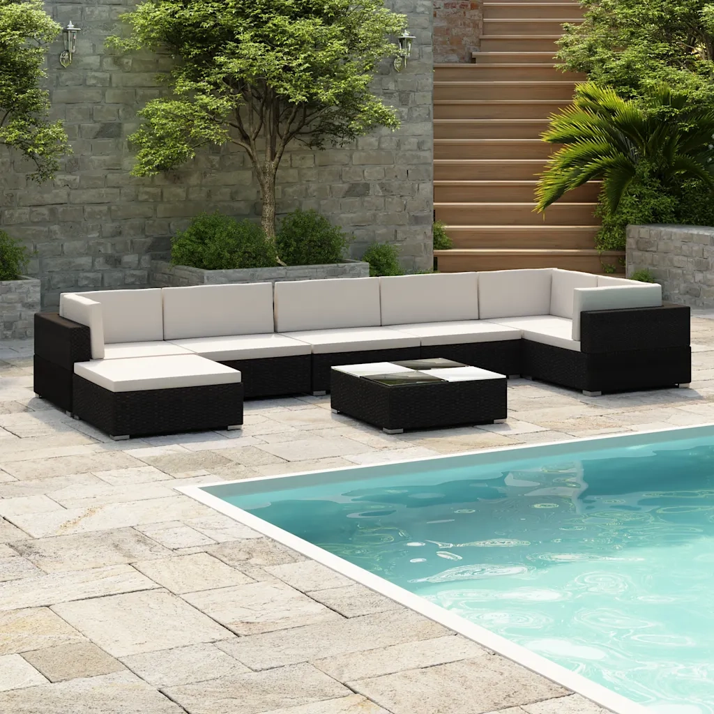 Set Divani da Giardino 8 pz con Cuscini in Polyrattan Nero 41261