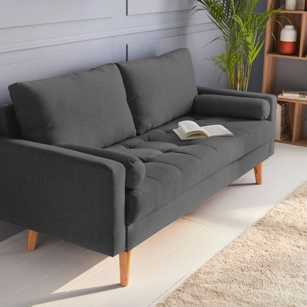 Divano in stile scandinavo in tessuto semplice, 3 posti, grigio scuro