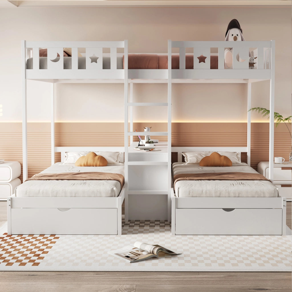 Letto a castello con scala e vano contenitore legno bianco 140x200 cm
