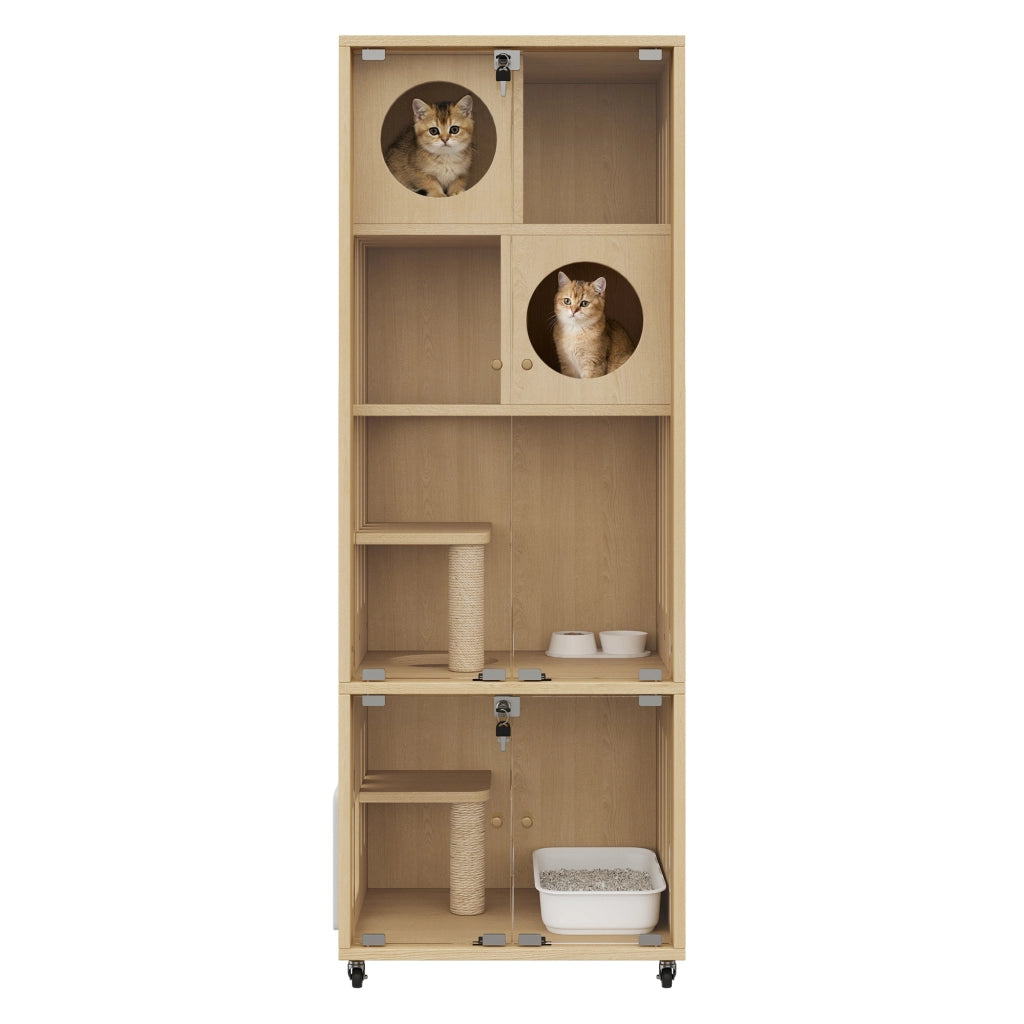 Mobile Casa per Gatti 60×50×156 cm con Porta in Vetro; Serratura; Ruote Bloccabili e Tiragraffi in Sisal