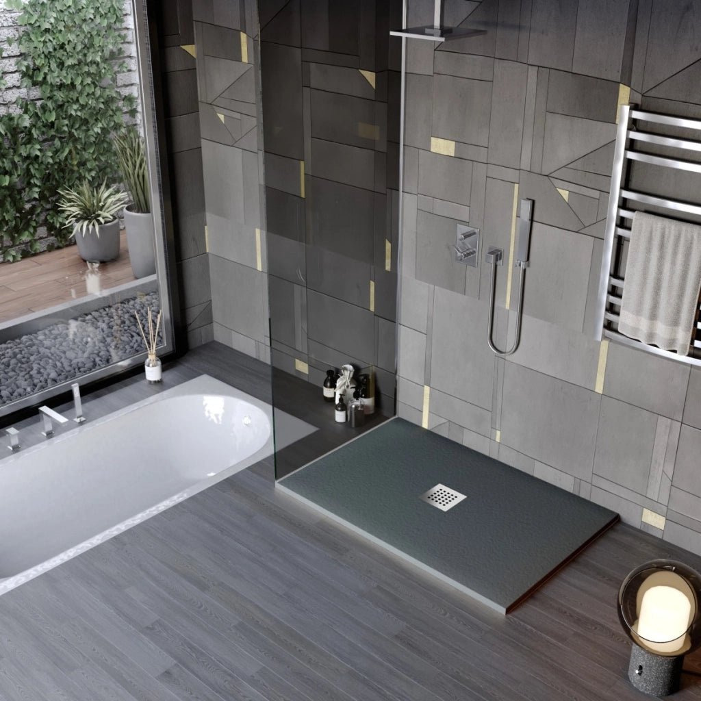 Piatto doccia in marmo resina effetto pietra con foro centrale grigio scuro chic, misura 80x130