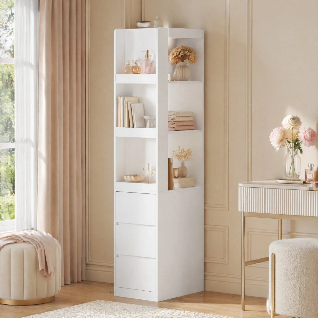 Libreria con 3 vani aperti e 3 cassetti; antiribaltamento - per studio - 60×40×200 cm - bianco
