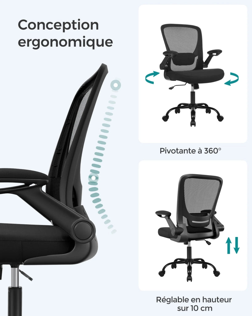 Sedia da ufficio con braccioli pieghevoli sedia da ufficio in tela sedile girevole a 360° supporto lombare regolabile salvaspazio nera 12_0005862