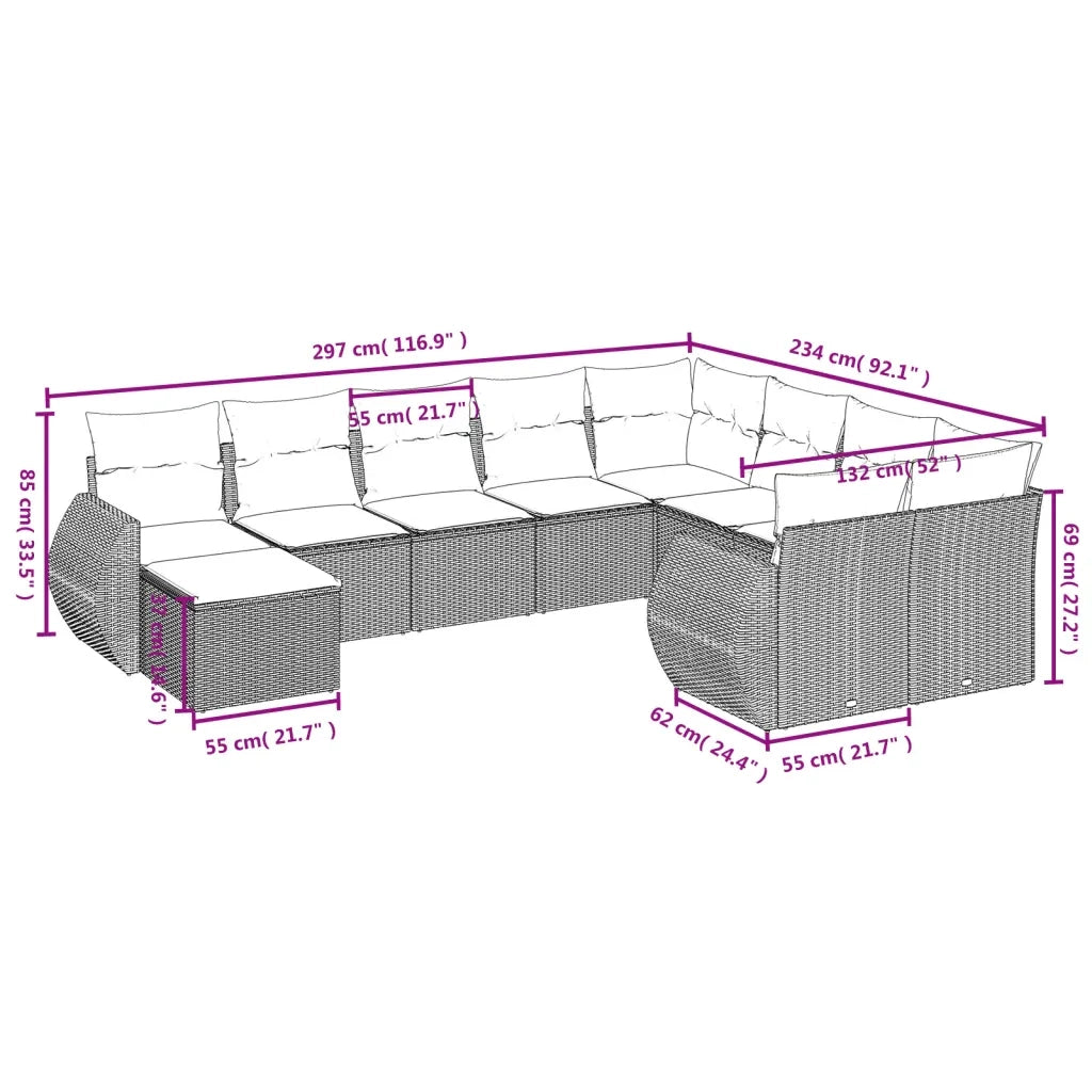 Set Divano da Giardino 10 pz con Cuscini Grigio in Polyrattan 3225171