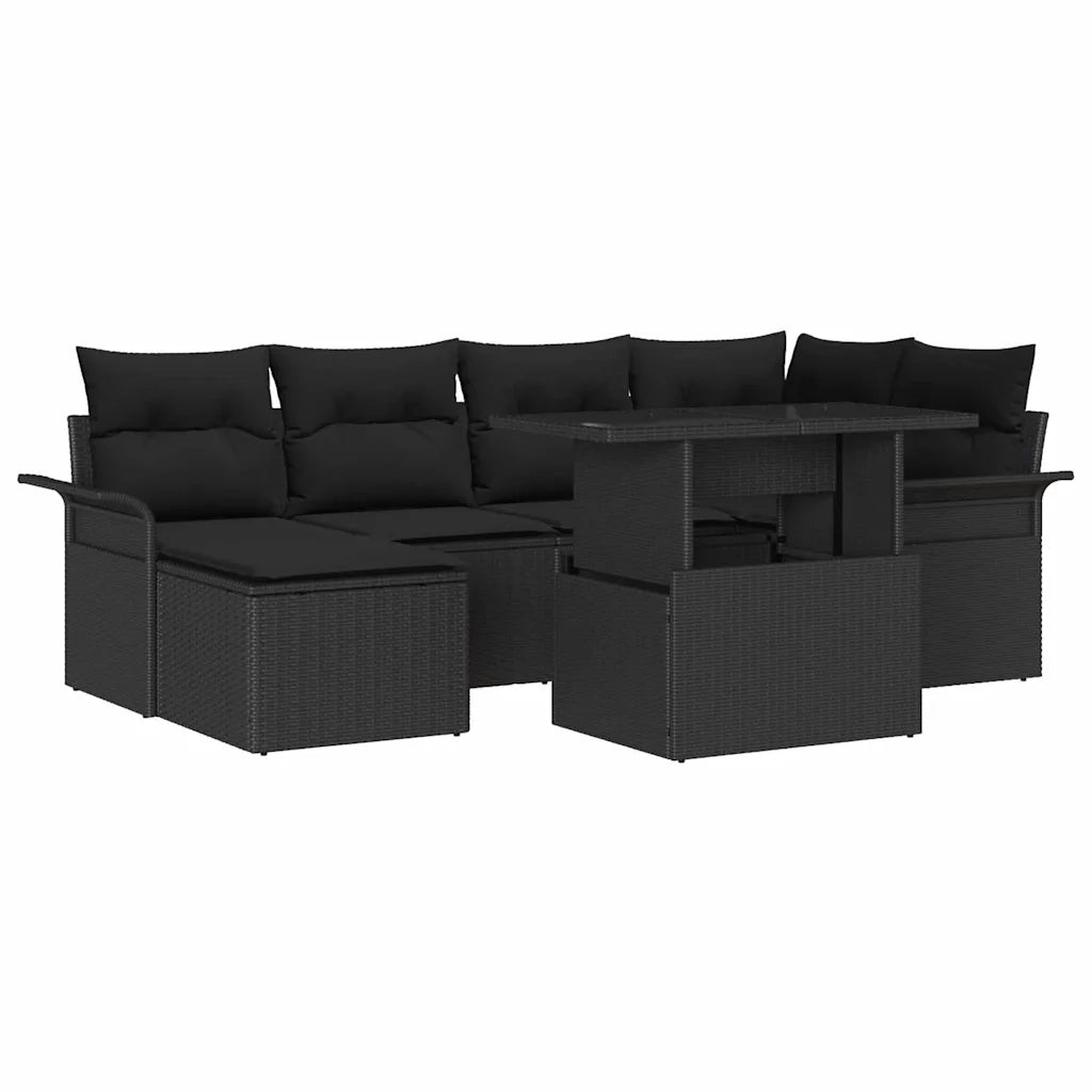 Set Divano da Giardino con cuscino 7 pcs Nero Poly Rattan