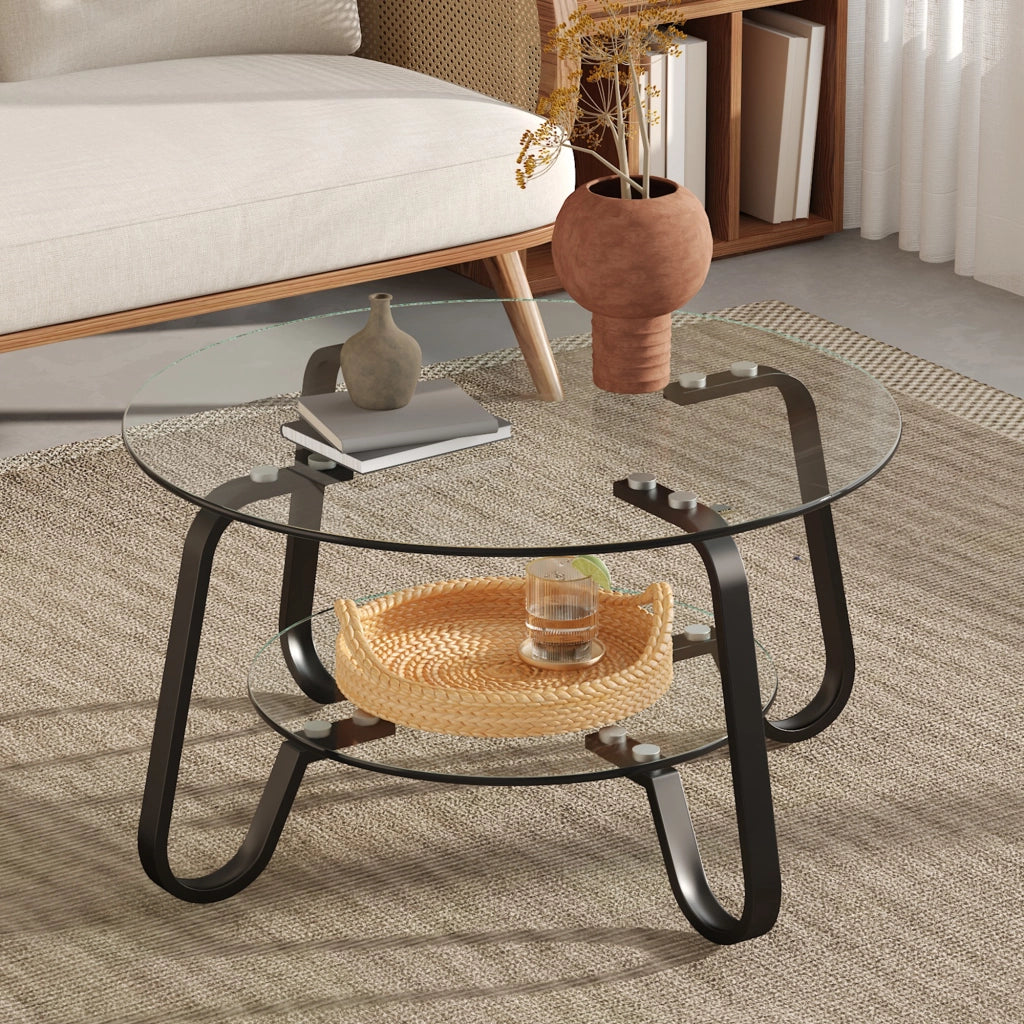 Tavolino da caffè rotondo in metallo nero con 2 ripiani in vetro temperato stile industriale