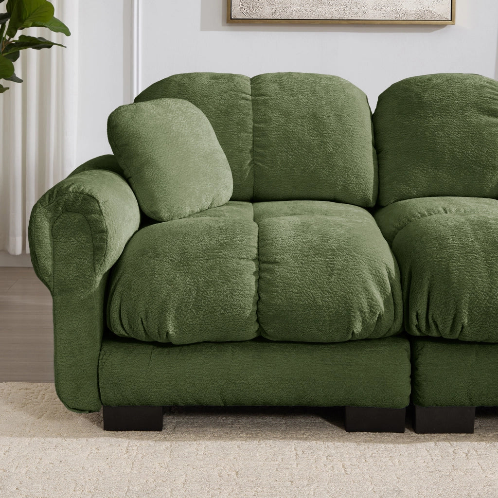 Divano angolare convertibile 3 posti con pouf mobile e 2 cuscini, Chenille Verde