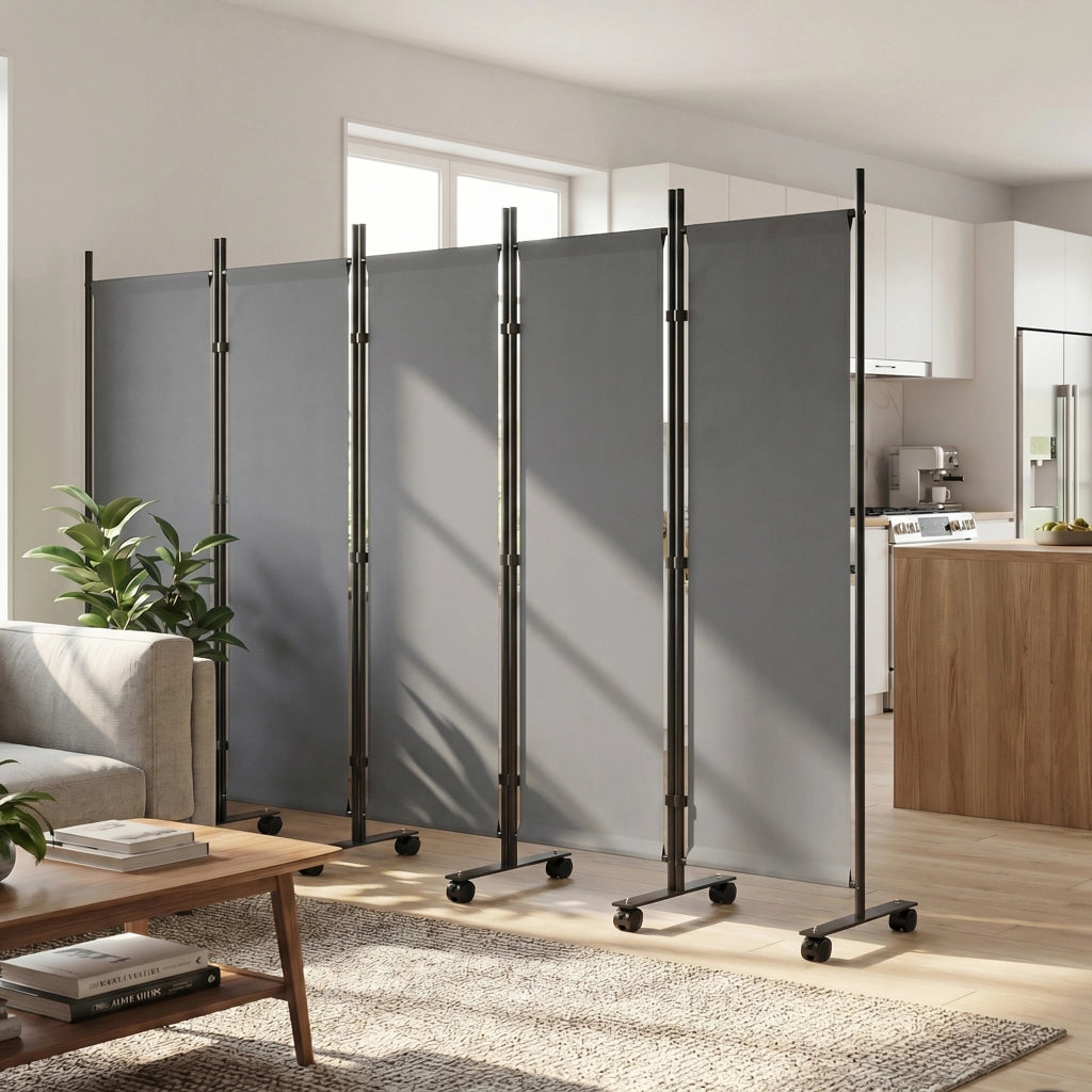 Paravento Divisorio 5 Pannelli ¨C Xylo ¨C 252x40 cm Grigio Scuro con Ruote